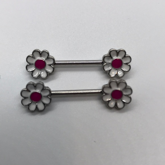14 Gauge Pink & White Daisy Flower Hippie Nipple - Picture 2 of 3